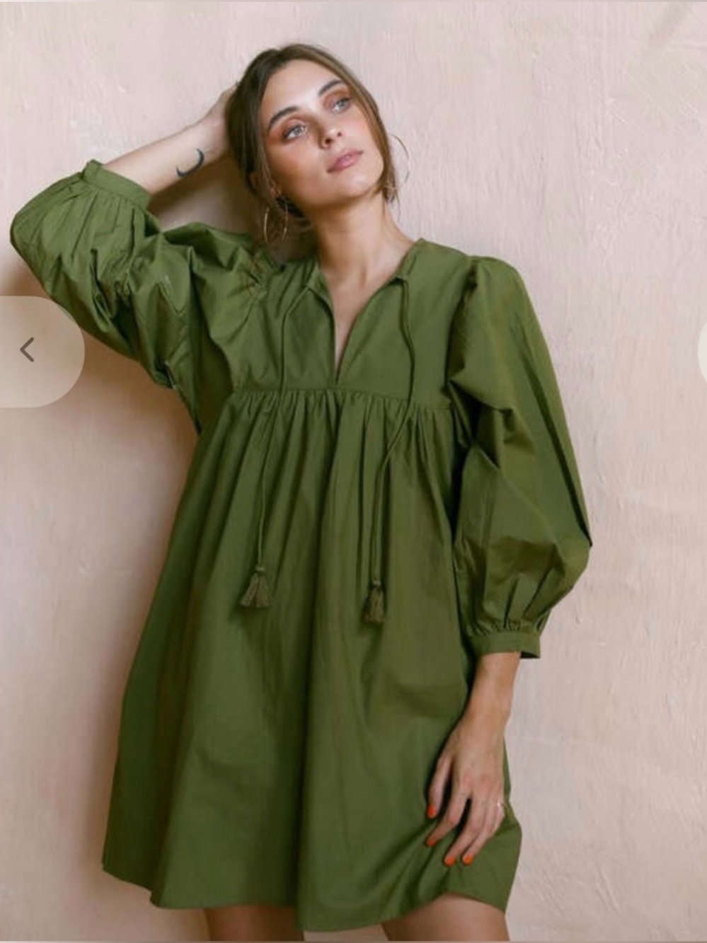 Millie Resort & Travel Olive Green Puff Sleeve Babydoll Dress Medium